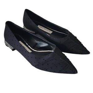 Zara Basic black polka-dots mesh jeweled ballerina flats, women's size 36